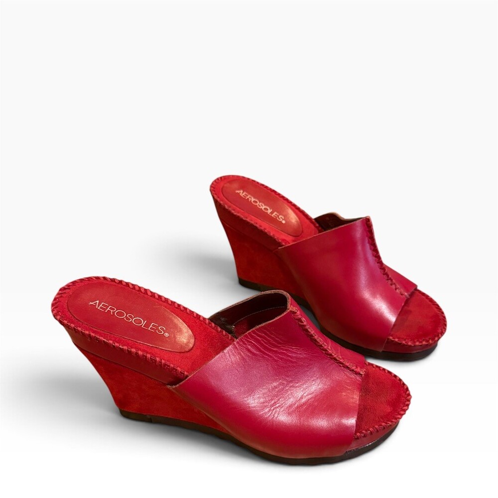 AEROSOLES Red Leather Wedge Mules